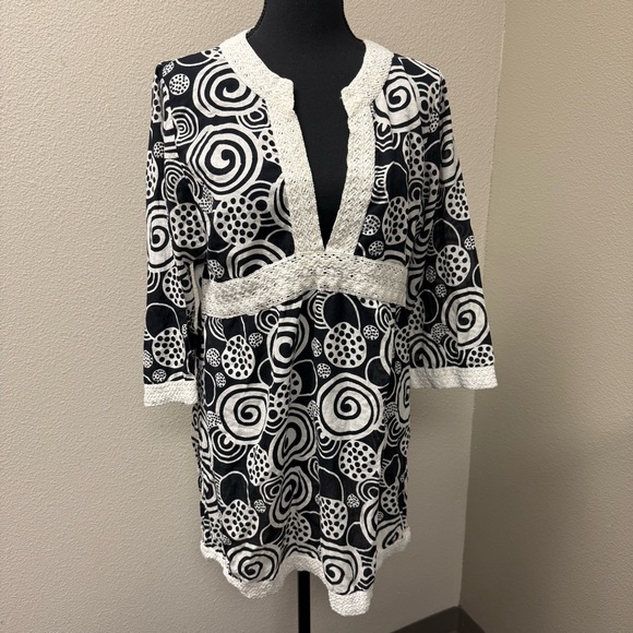 Peppermint Bay Boho Tunic Top Black White Cotton Crochet Trim Beach Large - Picture 2 of 9